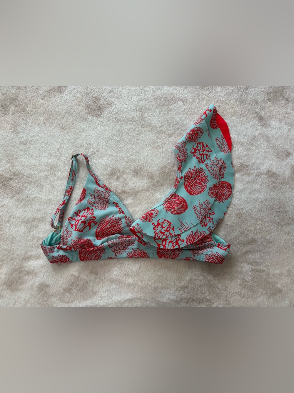 AguaMaría Clara Asymmetrical Ruffle Bikini Top - Coral Verde - Size S